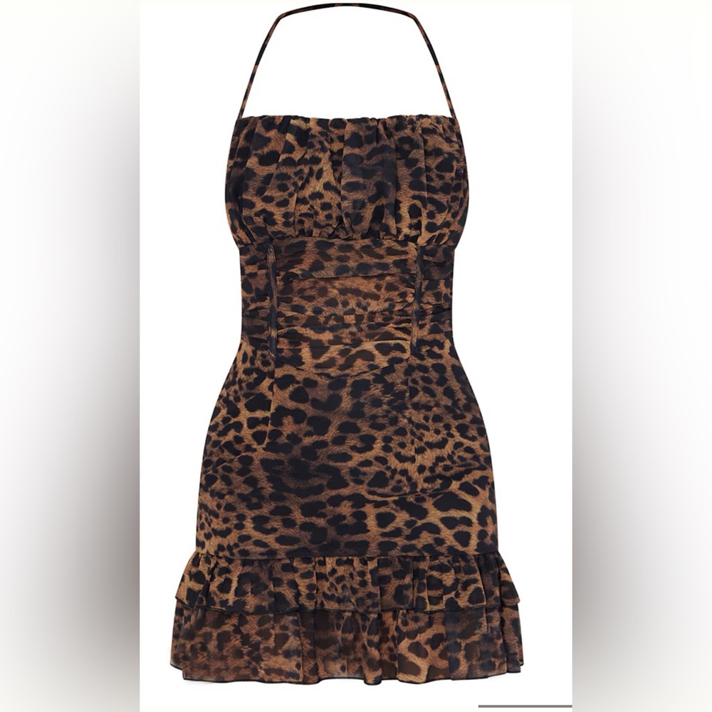 NWT DARK BROWN LEOPARD PRINT WOVEN HALTERNECK FRILL HEM BODYCON DRESS size 0 - Picture 4 of 7